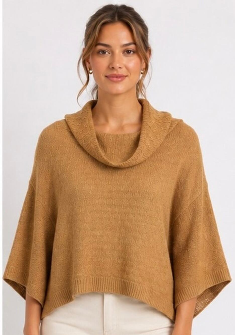 The Limited Cowl Neck Poncho Sweater XS Camel Brown Knit Long Sleeve